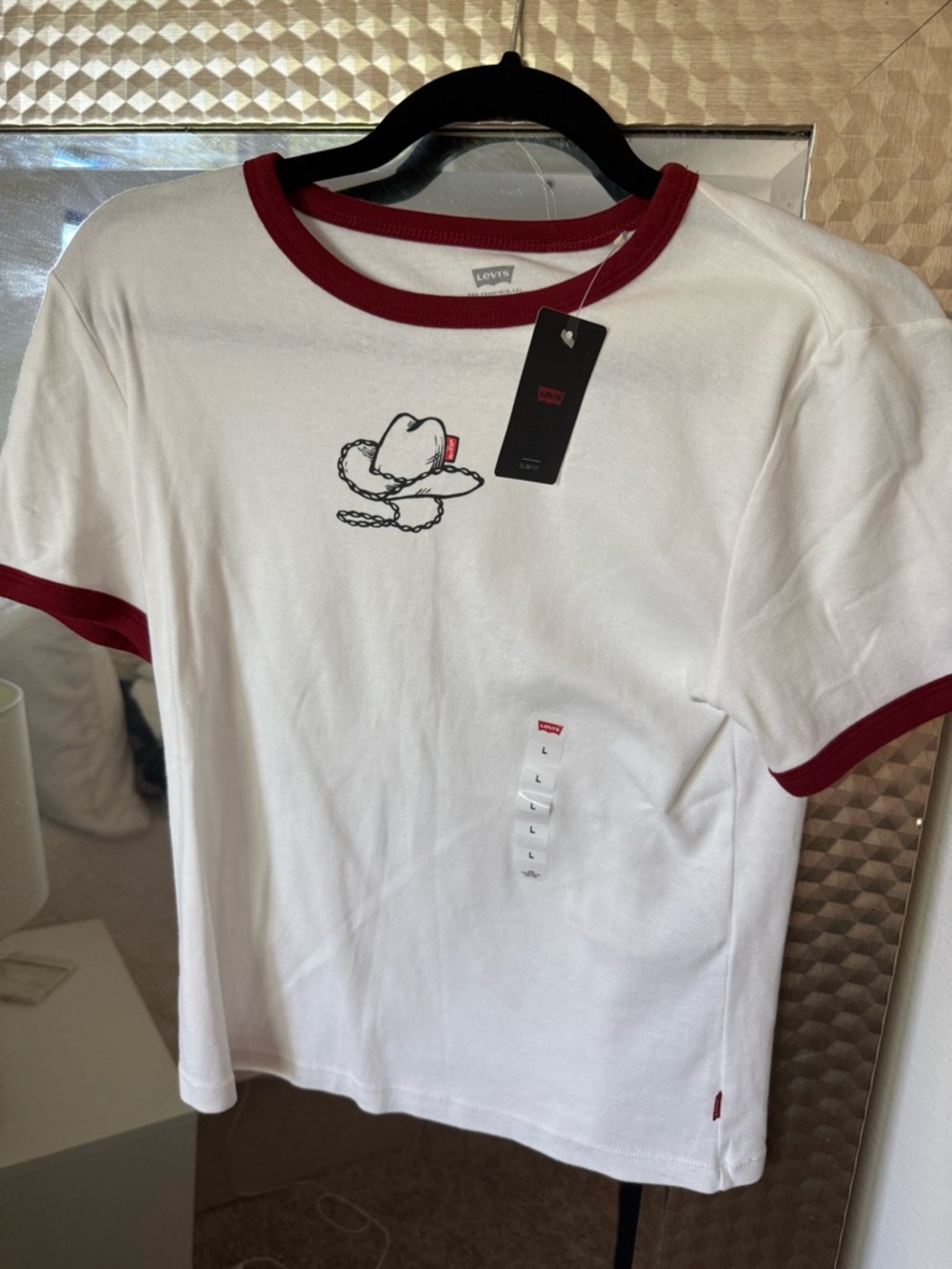 Levi's White Short Sleeve Ringer Tee with Red Trim and Embroidered Cowboy Hat